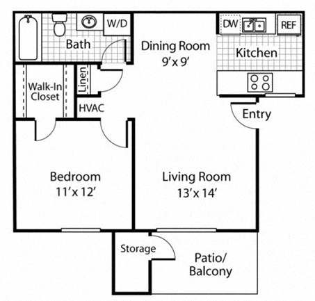 Floor plan for 1 bed, 1 bath, 624 sqft